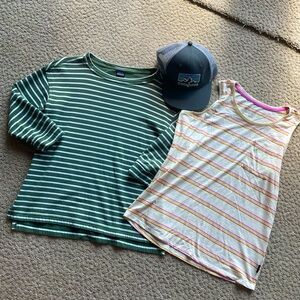Patagonia striped cotton tops and hat lot